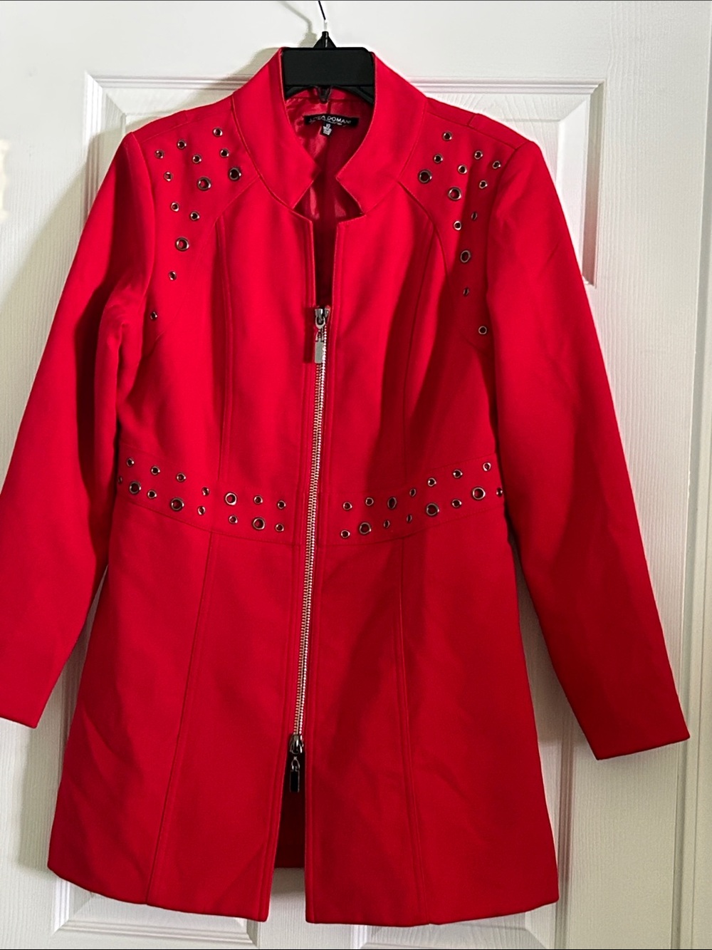 Red Grommet-Trim Zip Front Trench Coat by Karen Kane